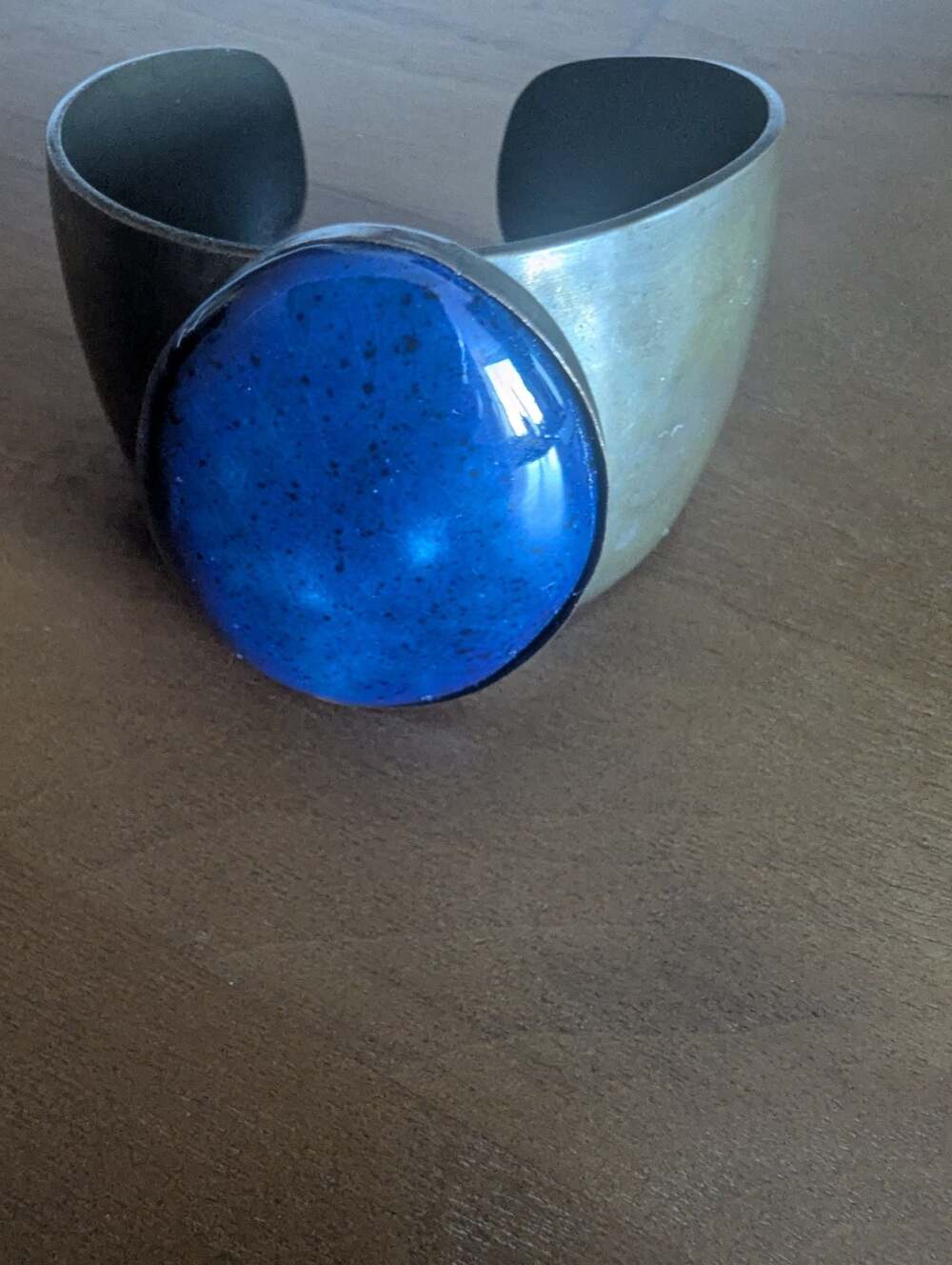 Vintage Brass Cuff Bracelet with Large Blue Glass Cabochon
